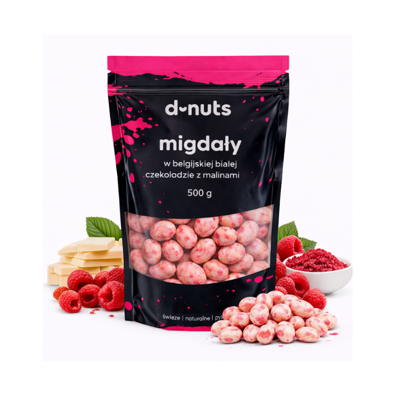 Migdały w belgijskiej białej czekoladzie z liofilizowanymi malinami 500 g