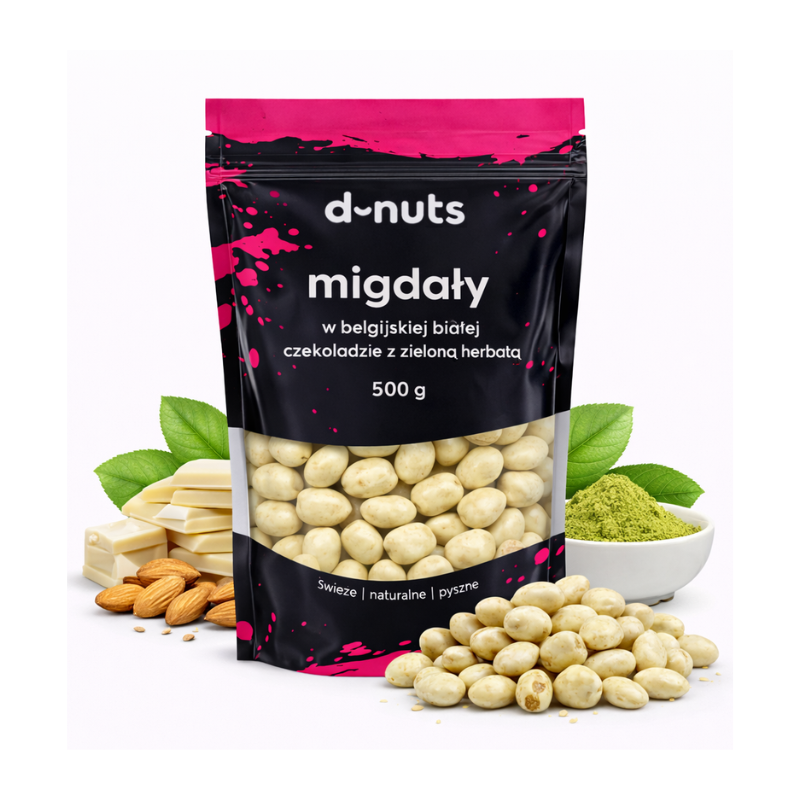 Migdały w belgijskiej białej czekoladzie z zieloną herbatą 500 g
